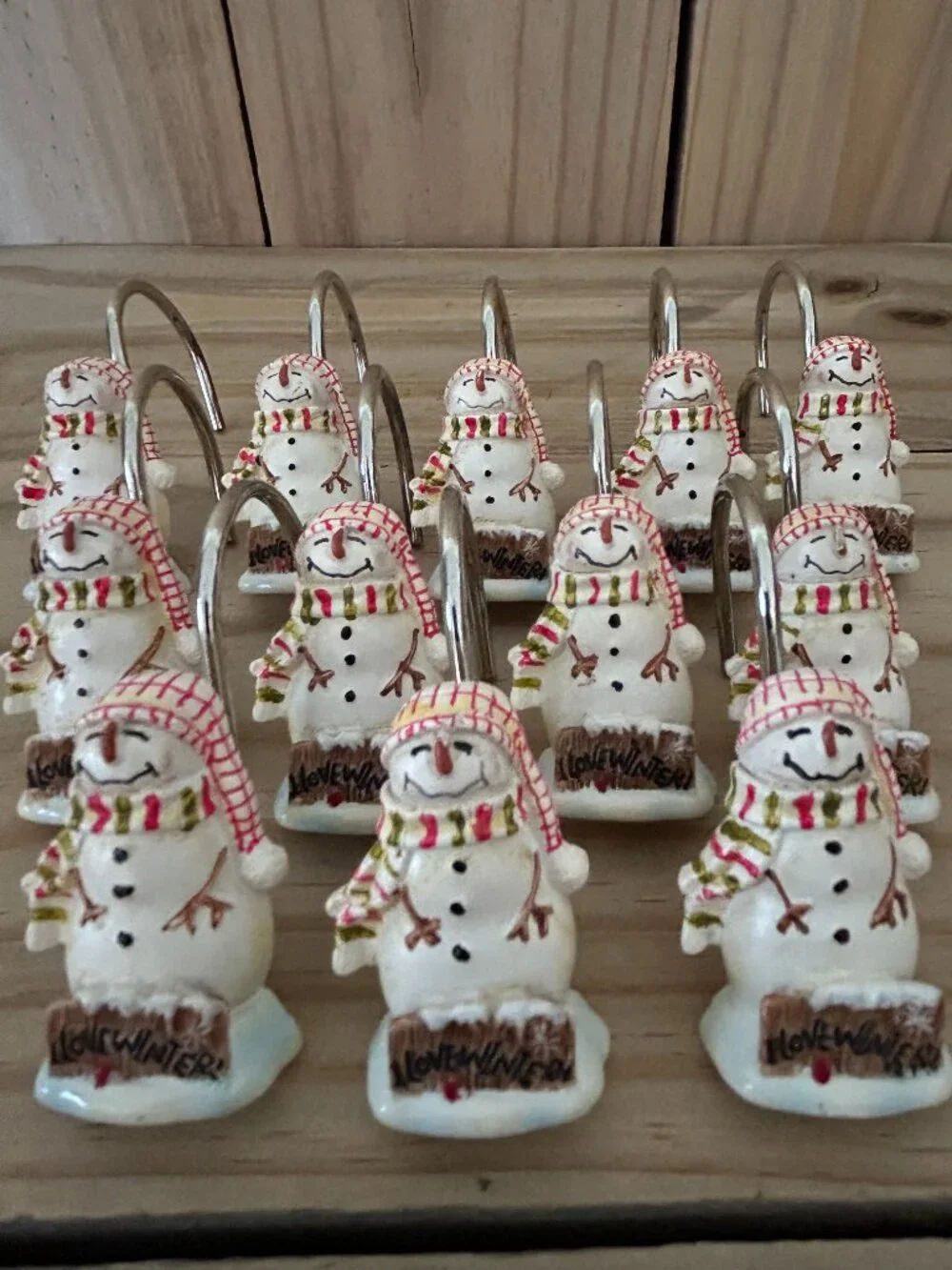 Set of 12 Christmas I Love Winter Snowman Shower Curtain Hooks
